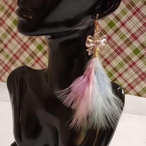 Home Made Handmade Feather & Metal Cat Multi Color Bow Earrings #41 - Picture 10 of 10